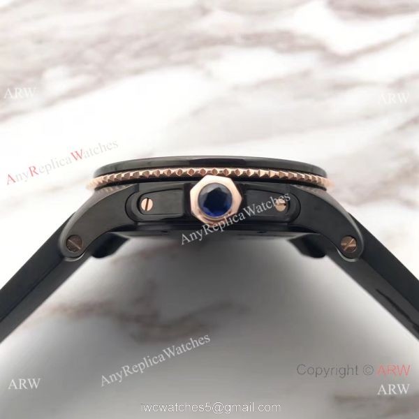 Swiss Fake Calibre De Cartier Diver watch Black PVD Case Rose Gold Fluted Bezel 5