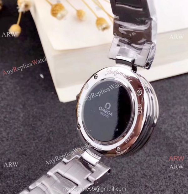 Omega Replica Watches De Ville Ladymatic SS Blue MOP Dial Diamond Bezel Ladies Watch 5