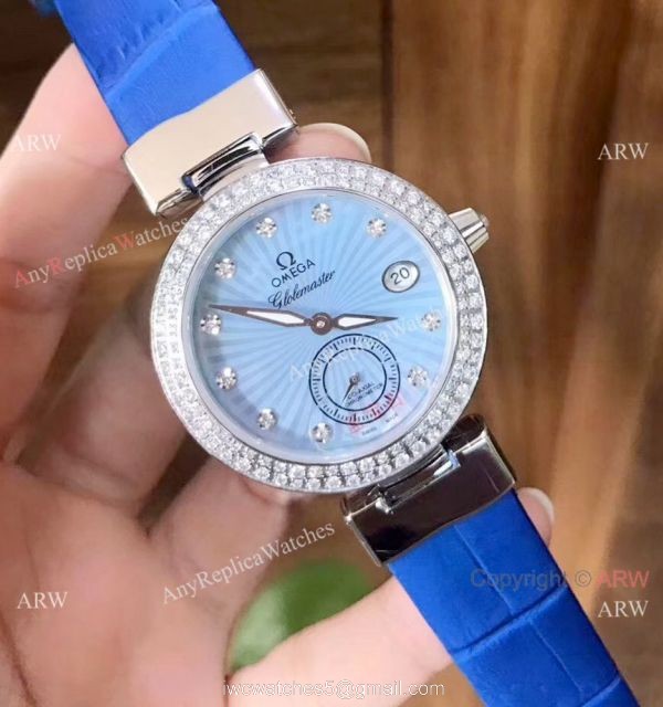 Women Omega De Ville Ladymatic Replica Watch SS Blue Diamond 5