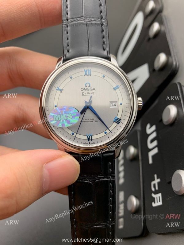 MKS Factory Copy Omega Classic De Ville Prestige 9015 Watch Gray Dial Leather Strap 5