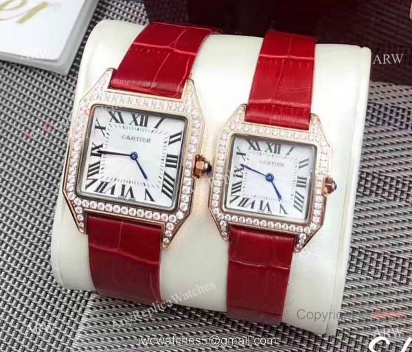 Rose Gold Cartier Santos Diamond Replica watches Lovers Watch 5