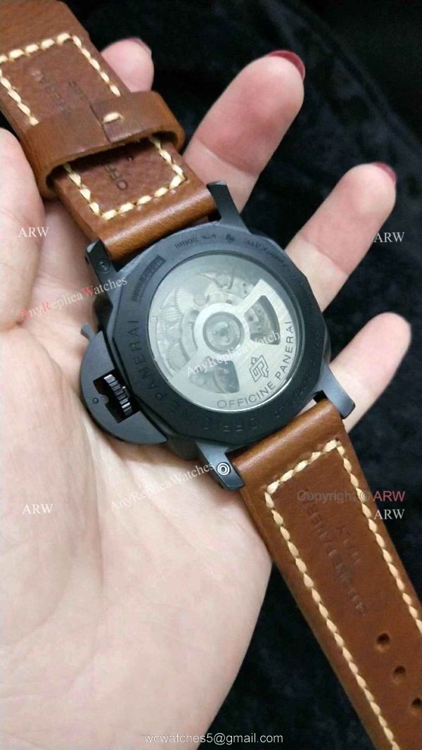 Clone Panerai Luminor GMT PAM 320 Black Steel Watch with Brown Leather Strap 5