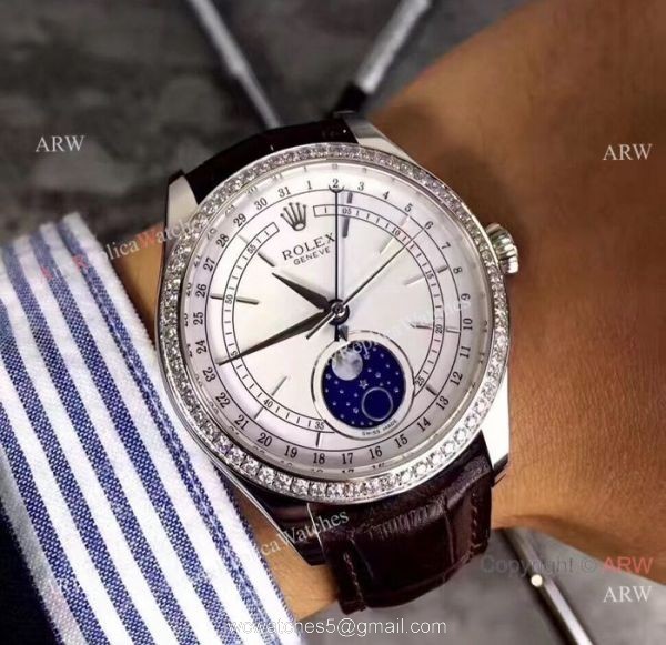 Baselworld Rolex Cellini Moonphase Replica Watch Stainless Steel Brown Leather Strap Watch 5
