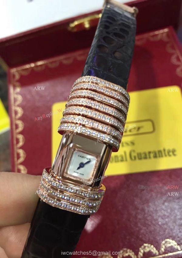 Cartier Small Silver Dial With Diamonds Replica Watches Black Leather Band 5