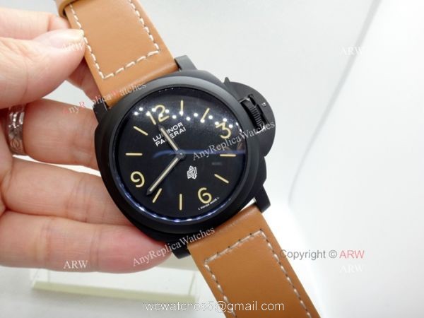 Replica Panerai Luminor Black Dial Brown Leather Strap Watch W Panerai Luminor Base Logo 5