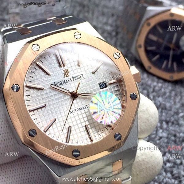 Newest Fake Audemars Piguet Royal Oak Watch Two Tone Rose Gold Silver Dial 5