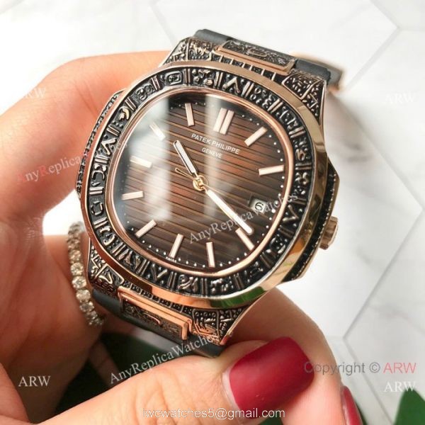 Replica Patek Philippe Engraving Nautilus Rose Gold Watch 42mm 5