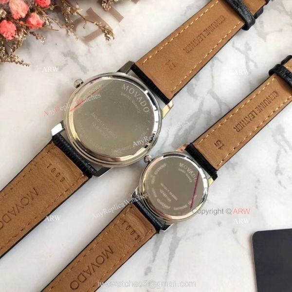 New Replica MOVADO Quartz Lovers Watch SS Black Leather Strap 5