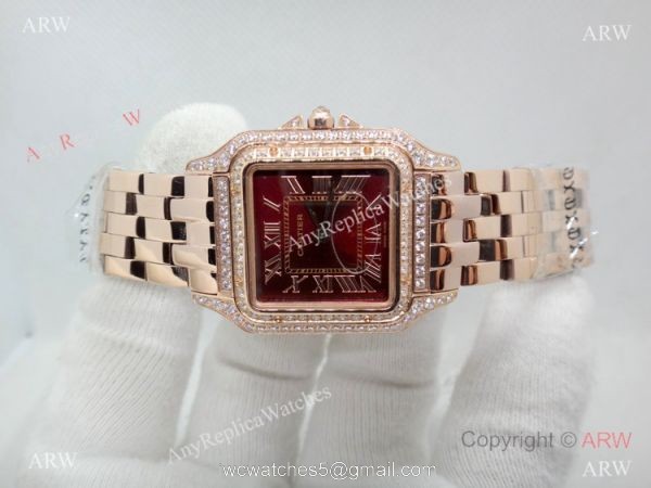 Panthere De Cartier Replica Watches Rose Gold Dark Red Dial 5