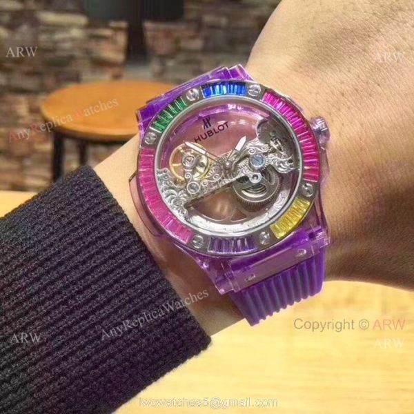 2019 Hublot Unico Sapphire Replica Watch Transparent Case Rainbow Bezel 5
