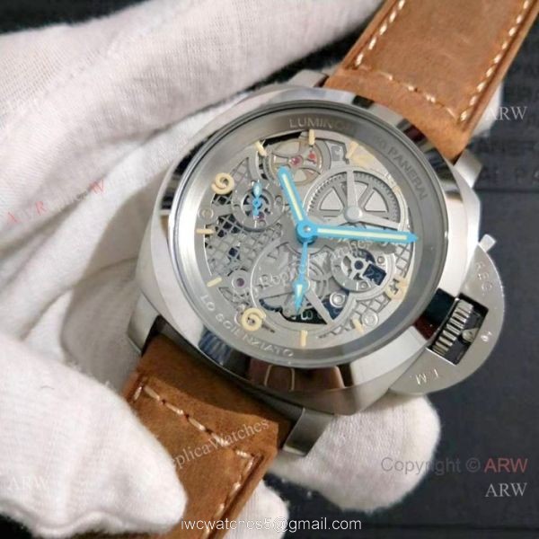 Copy Panerai Luminor GMT SS Brown Leather Strap Watch Pam578 5