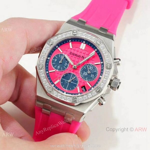 Fake Audemars Piguet Royal Oak offshore Diamond Bezel Red Dial Watches Women 5