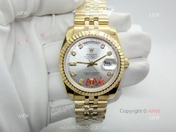 High Quality Replica Diamond Rolex Day Date 34mm Watch Yellow Gold Jubilee Silver Dial 5