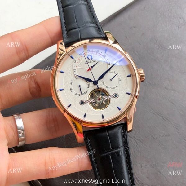 Replica Omega Tourbillon All Black Leather Strap Watches 43mm 5