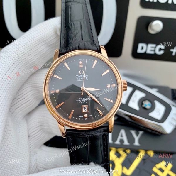 Clone Omega De Ville SS Black Leather Strap Watches 42mm 5