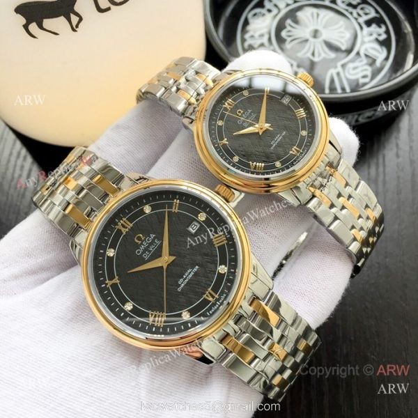 Fake DeVille Prestige Omega Couple Watch Stainless Steel Black Dial 5