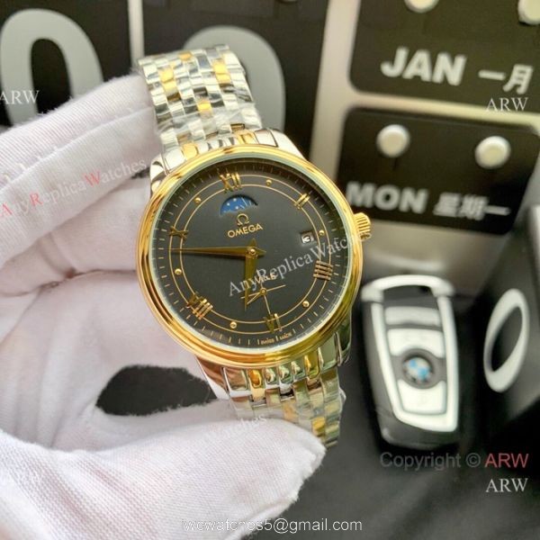 New Copy Omega De Ville Moon Phase 40mm Watches Stainless Steel Black Face 5