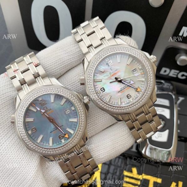 Swiss 8500 Omega Seamaster Copy Watch SS Diamond bezel White MOP Dial 5