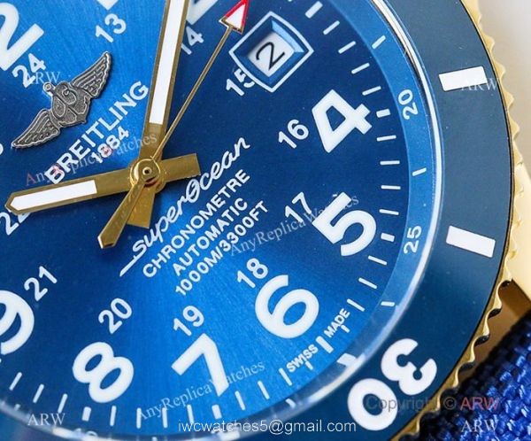 Swiss Breitling Superocean II Mens Watch Yellow Gold Blue Ceramic Bezel 5