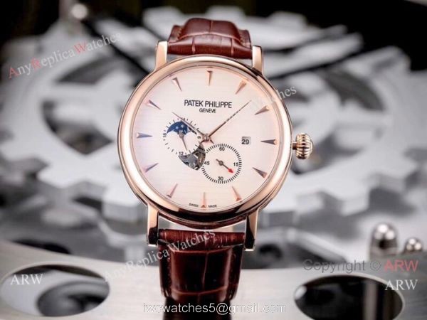 Patek Philippe Calatrava 42mm Copy Watches SS White Moonphase Dial 5