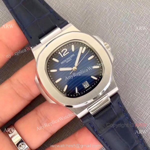 New Patek Philippe Nautilus Watch SS Gray Dial Black Leather Band 5
