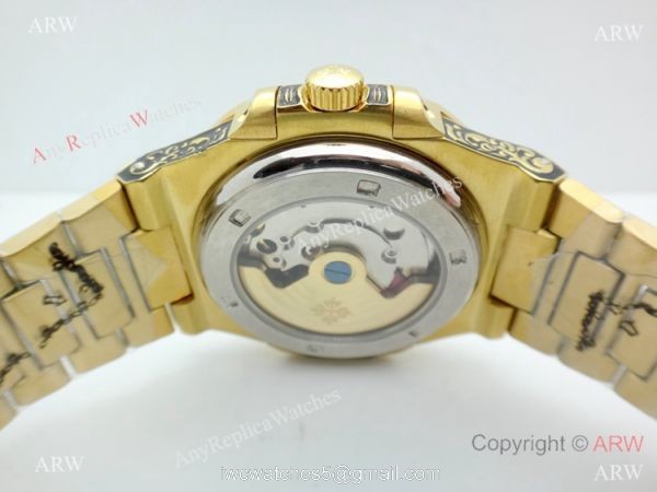 2019 Copy Patek Philippe Engraving Nautilus Watches Yellow Gold Black Dial 5