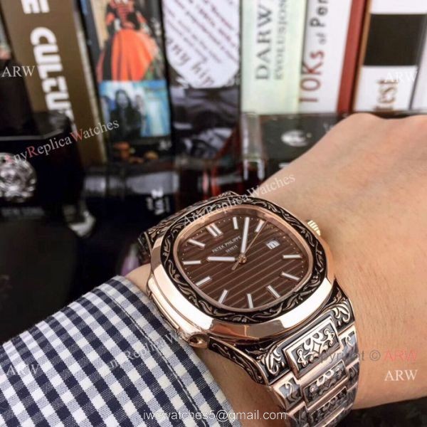 Clone Patek Philippe Nautilus White Face Rose Gold Tattoo Watch 40mm 5