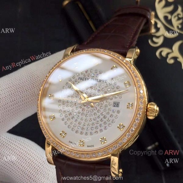 Patek Philippe Calatrava Diamond Watch SS Black Leather Band 5