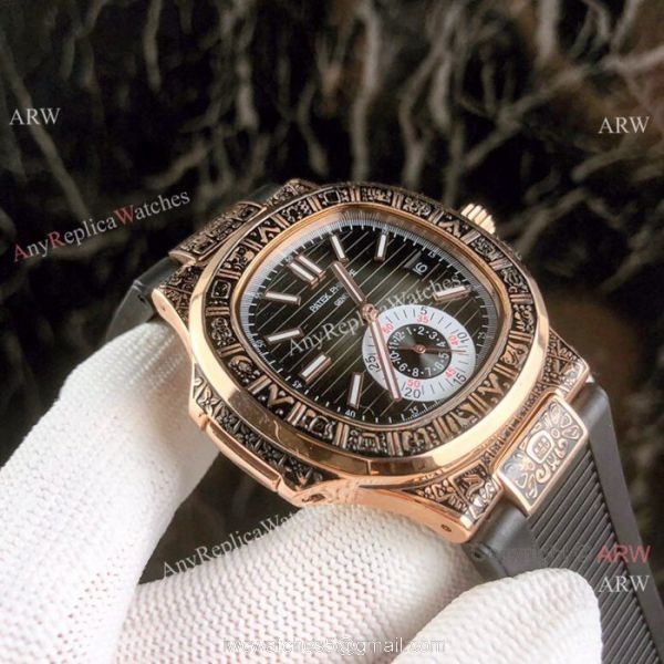 New Replica Patek Philippe Nautilus White Face Rose Gold Tattoo Rubber Strap Watch 5