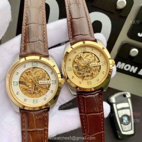 Rolex Geneve Cellini Replica Watch Tourbilln Face Brown Leather Strap 5