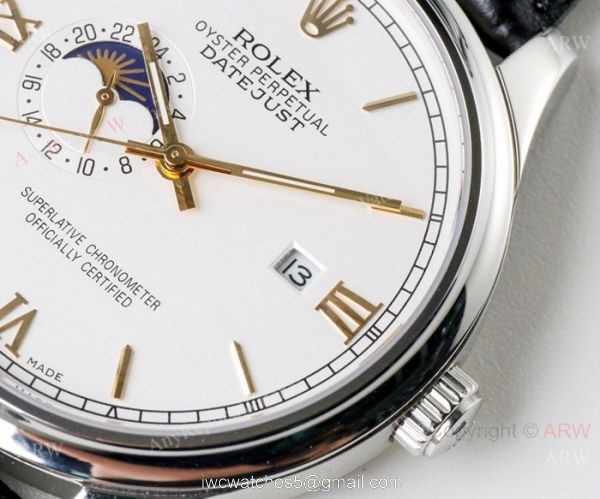 Swiss 8217 Rolex Datejust Moonphase replica Watch White Dial Gold Sticks 5