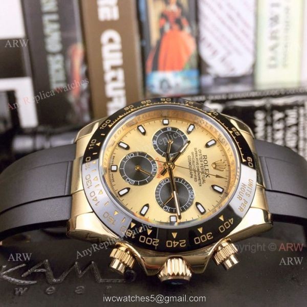 Yellow Gold Rolex Daytona Rubber Strap Replica Watch Mens 40mm 5