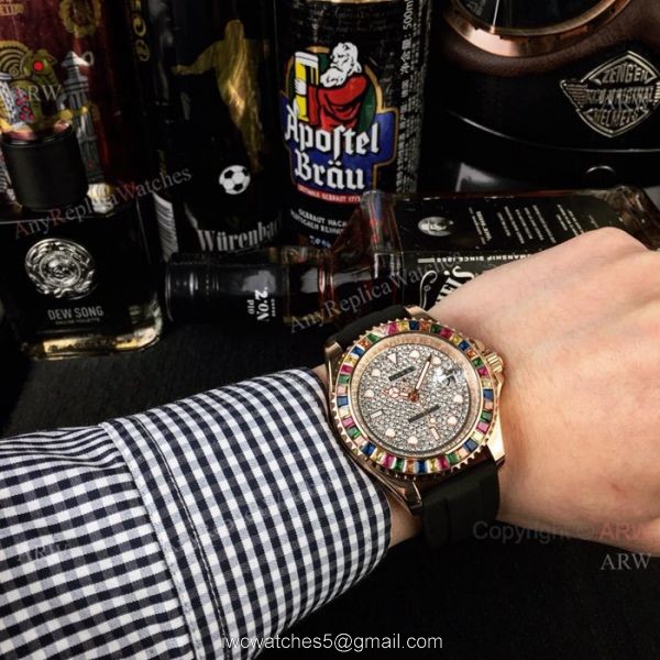 Rolex Yachtmaster Rose Gold Replica Watch Diamond Pave Dial Rainbow Bezel 116695 5