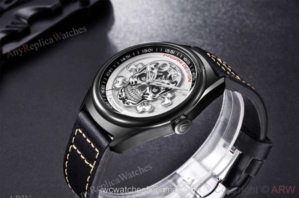 Pagani Design PVD Black Steel Watch White Skull Face 5