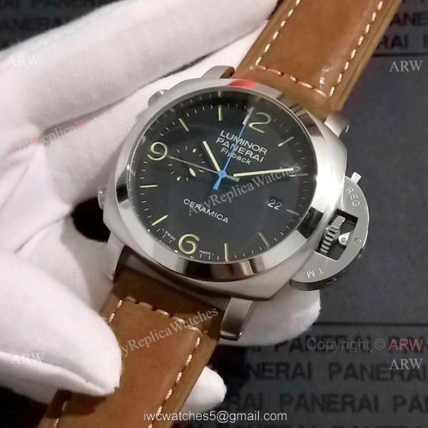 Copy Panerai Luminor FLYBACK SS Brown Leather Band Watch PAM524 5