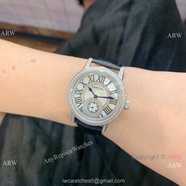 Fashion Cartier Watch Lady Diamond Bezel Black Leather Strap 5