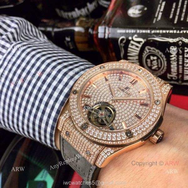 Iced Out Hublot Classic Fusion Watch Replica Rose Gold Gray Gummy Strap 5
