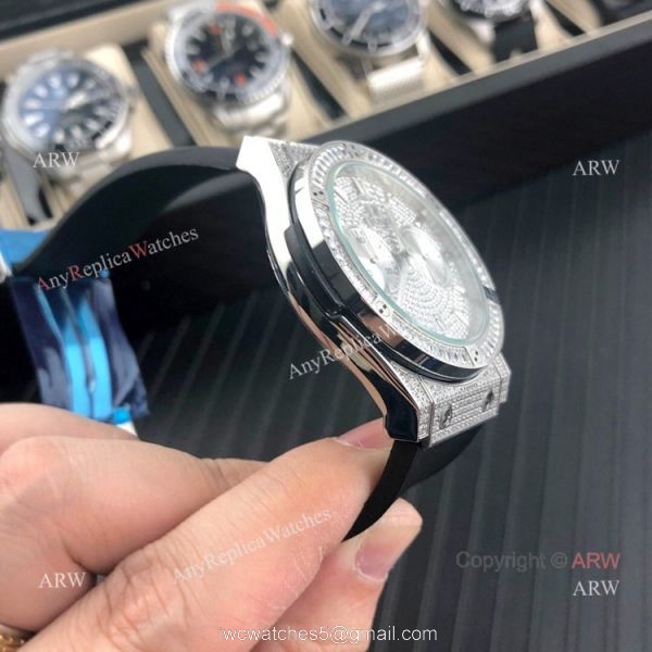 Iced Out Hublot Knock off Watches Classic Fusion SS Black Rubber Strap 5