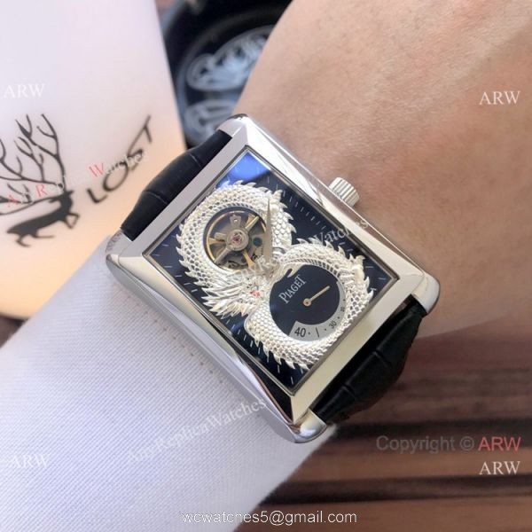 2019 Copy Piaget Black Tie Dragon watches Gold Case Brown Strap 5