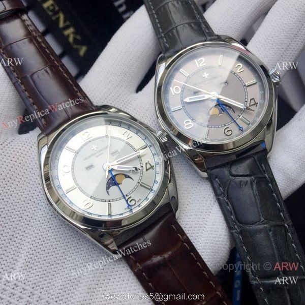 Vacheron Constantin Moonphase Watch Gray Dial Black Leather Strap 5