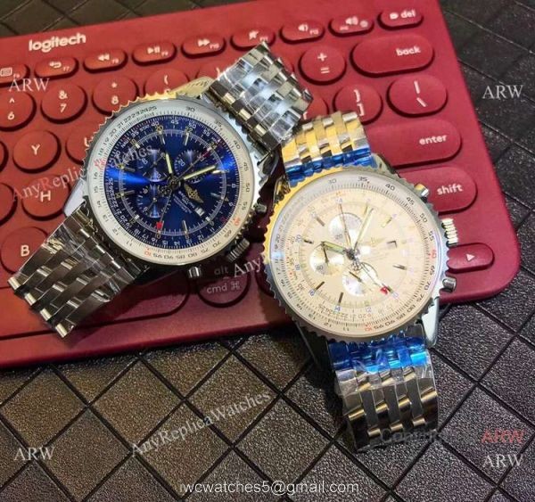 Copy Breitling Navitimer world GMT 45mm Watches Stainless Steel White Face 5