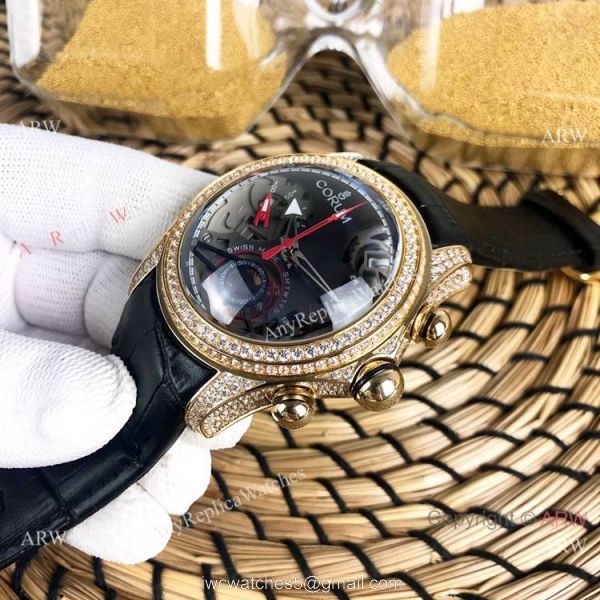 Replica Bubble Corum Watch Diamond Bezel Gold Case Silver Chronograph Dial 5