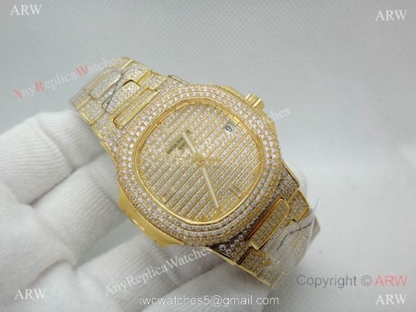 Swiss Replica Patek Philippe Nautilus Jumbo Gold Iced Out Watch 39.5mm 5
