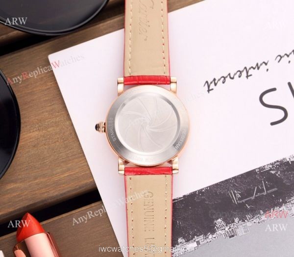 Copy Cartier Red Leather Strap Rose Gold Diamond Quartz Watch 35mm 5
