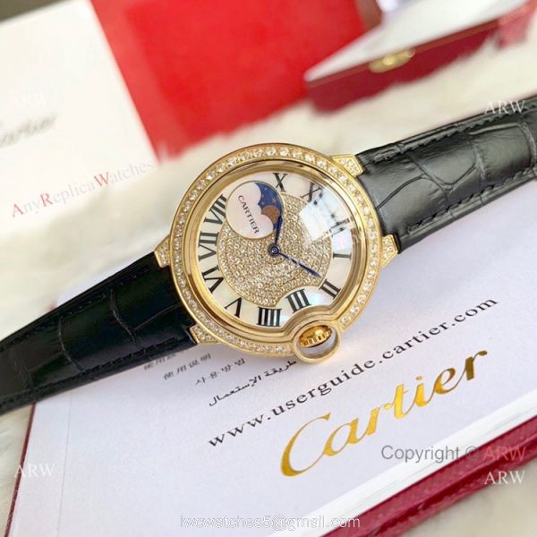 Ballon Bleu de Cartier 36mm Replica Watches Gold Diamond Green Leather Band 5
