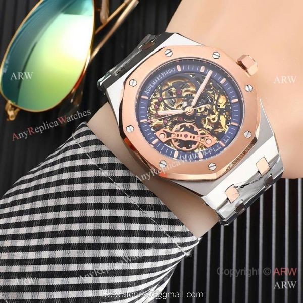High Quality Fake AP Skeleton Royal Oak Rose Gold Black Dial Watch 5