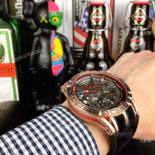Best Replica Roger Dubuis Excalibur Double Tourbillon Watch Rose Gold Skeleton Face 5