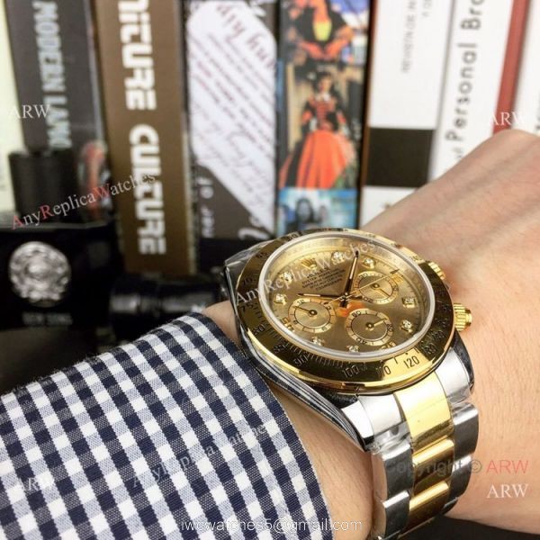 Copy Rolex Two Tone Daytona 40mm Watch Gold Dial with Diamond Gold Rolex Daytona Replica 5