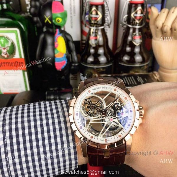 Copy Roger Dubuis Excalibur Flying Tourbillon Watches SS Gray Leather Strap 5