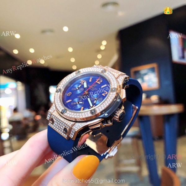 Copy Hublot Big Bang Rose Gold Diamond Blue Dial Watches 5